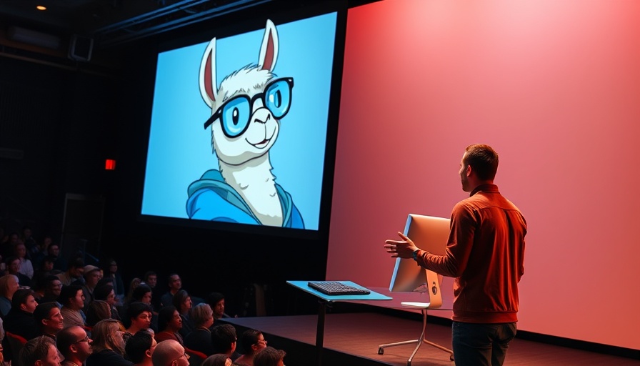 Meta LlamaCon image with presenter and cartoon llama on screen.