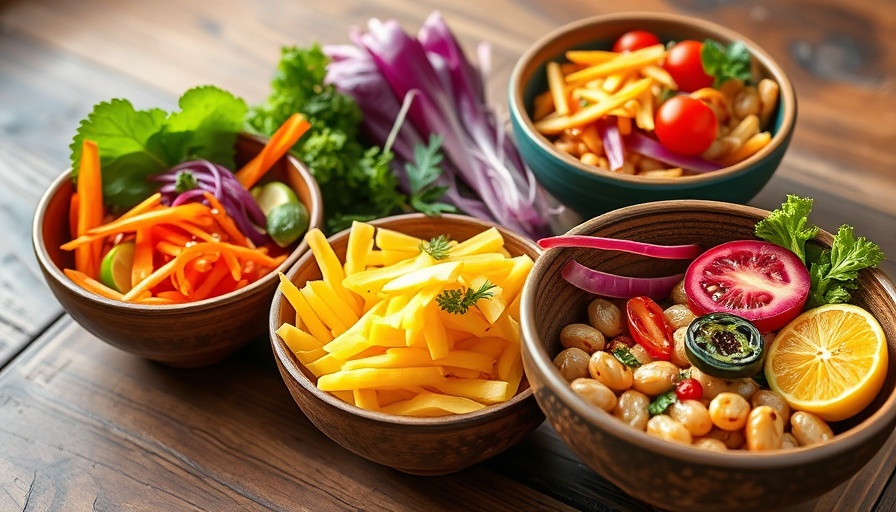 Colorful nourishing bowls in San Rafael with fresh ingredients on a wooden table.