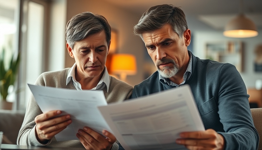 Concerned couple reviewing debt documents, indoor setting.