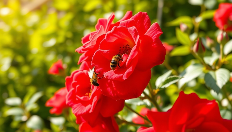 Vibrant red hardy roses in a sunlit garden.