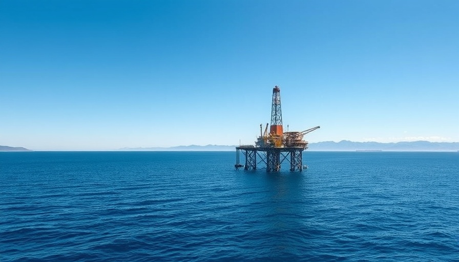 Offshore oil rig in calm ocean near Southeast Asia mountains