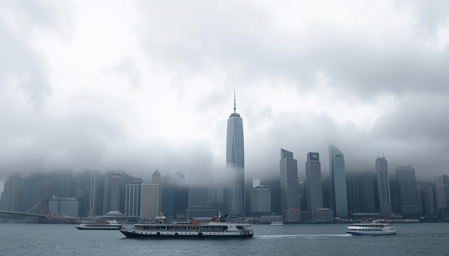 Hong Kong harbor skyline under cloudy sky, hinting at air quality impact.