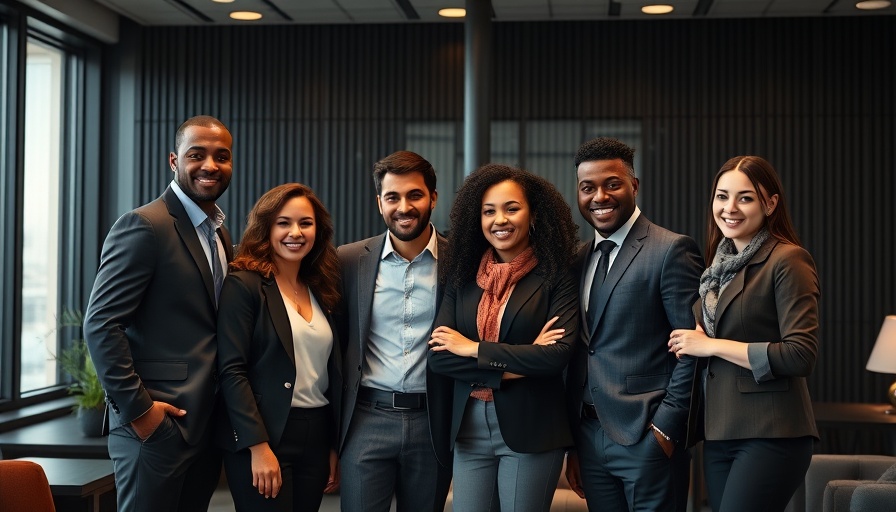 Professional group in modern office discussing AI tech consulting.