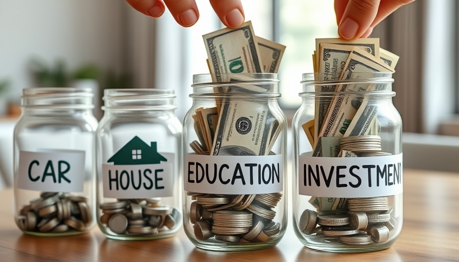 Person adding money to savings jars for emergency fund savings guide.