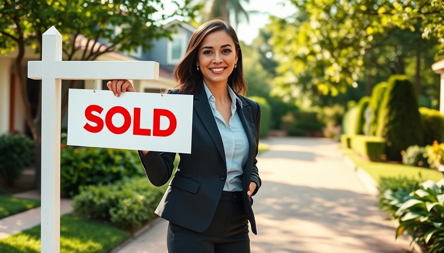 Smiling woman adjusting 'sold' sign on house in suburban area.