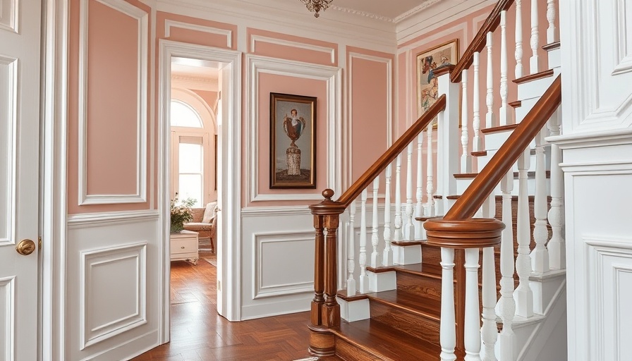 Staircase with elegant white wainscoting and wooden handrail.