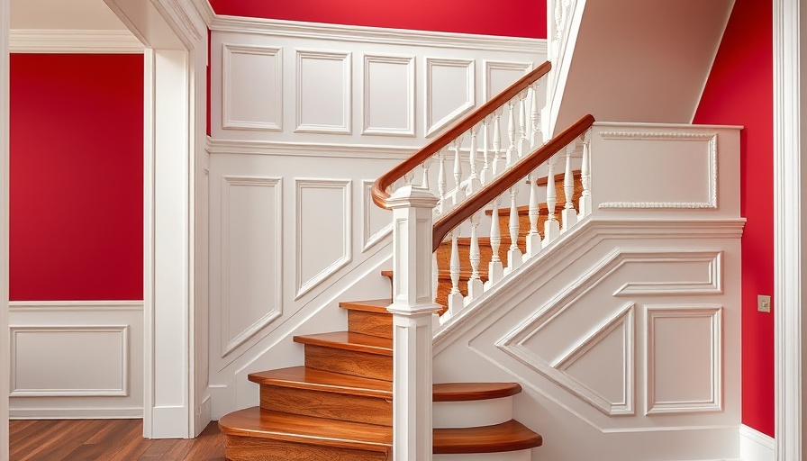 Staircase with white wainscoting and red walls.