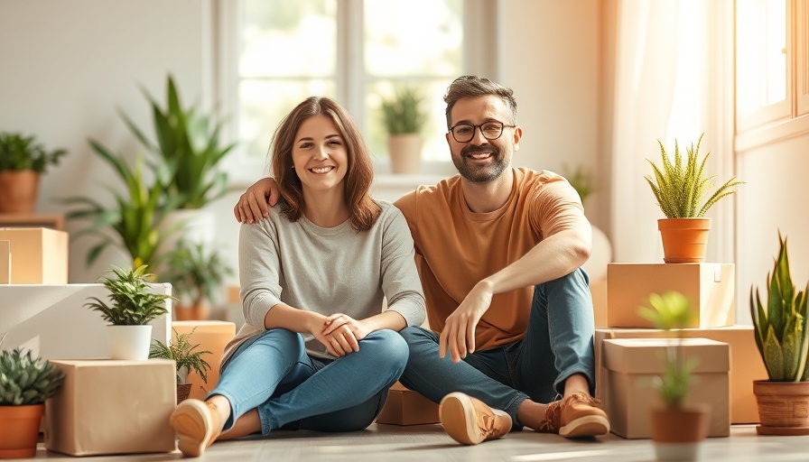 Cheerful couple moving with plants, surrounded by boxes, bright room.
