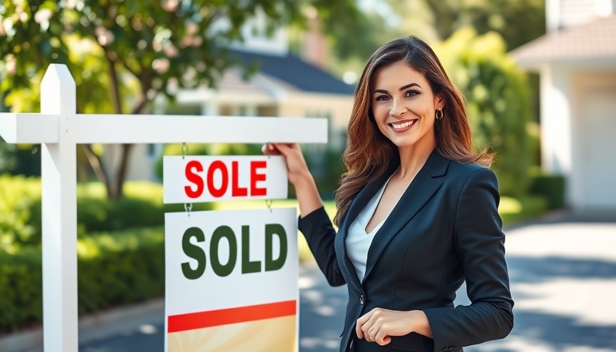 Professional woman adjusting sold sign on for-sale board, suburban setting.
