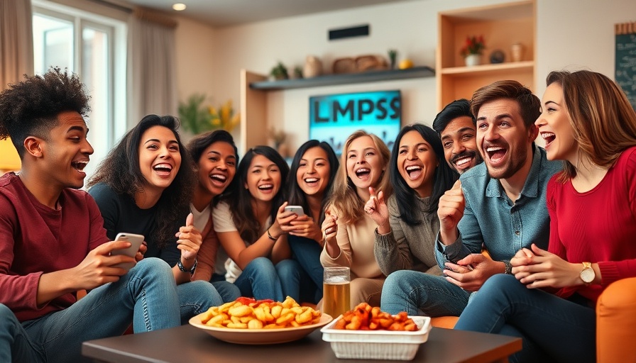 Friends at a lively NBA Finals watch party in a modern living room.