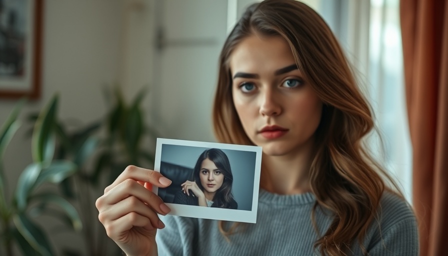 Woman holding photo, reflecting on past, indoors