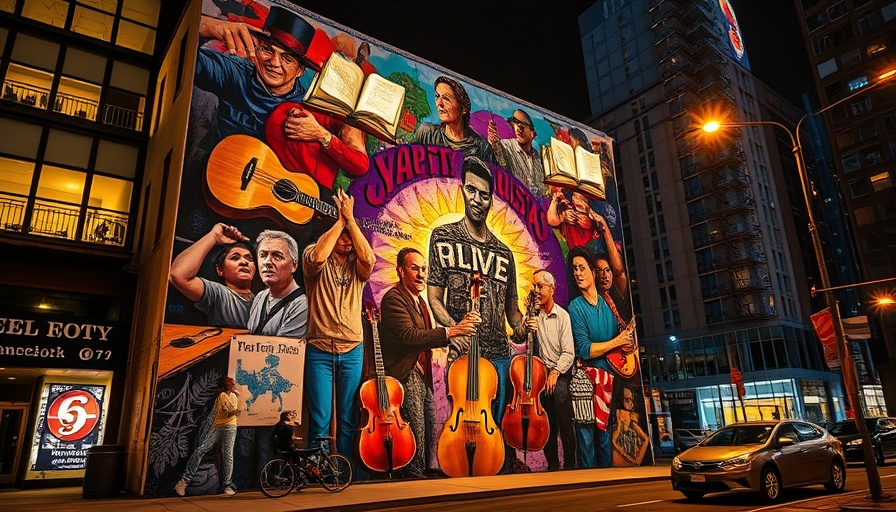 Marin art exhibitions feature urban mural with glowing books.