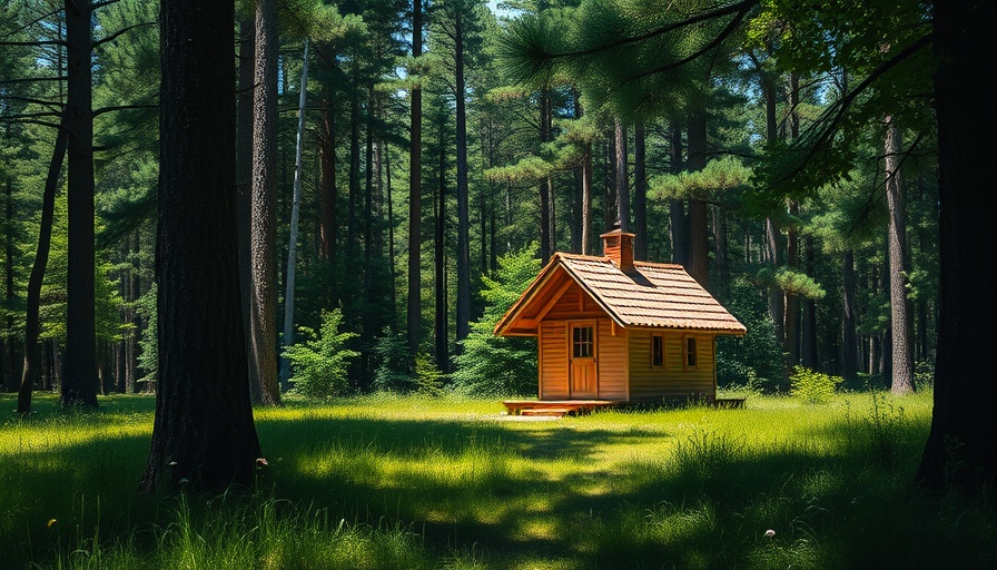 Tiny house with red roof in lush forest, tiny house living.