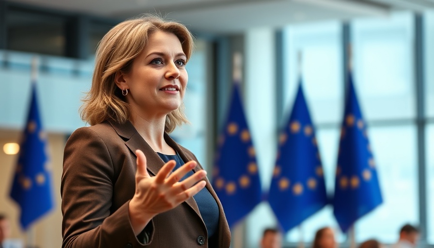 Female speaker discusses EU plan B for Ukraine support at podium with EU flags.