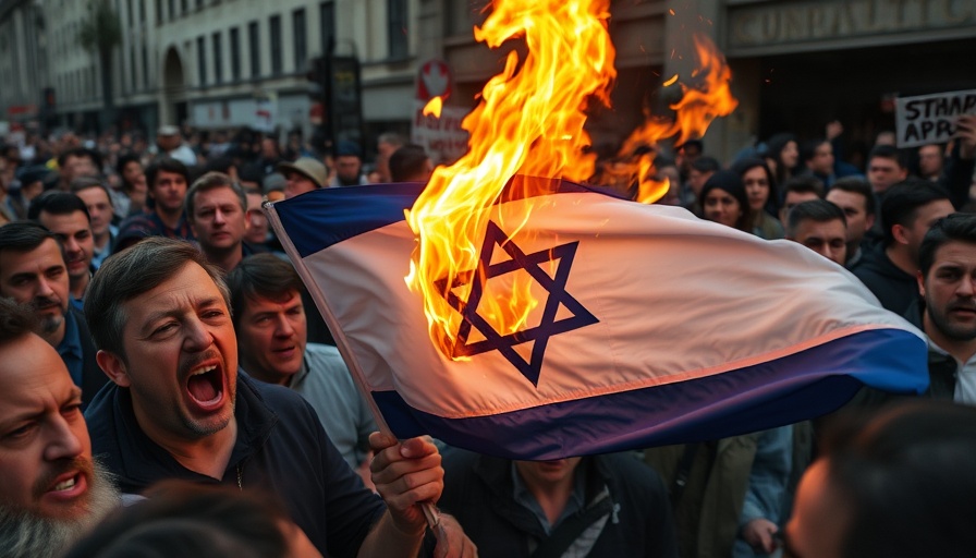 Iranian protest crowd burning Israeli flag amidst tension.