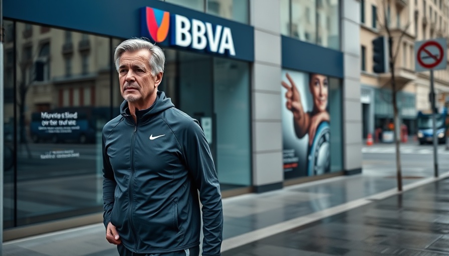 Man walking past BBVA bank with advertisement, related to BBVA Sabadell takeover.