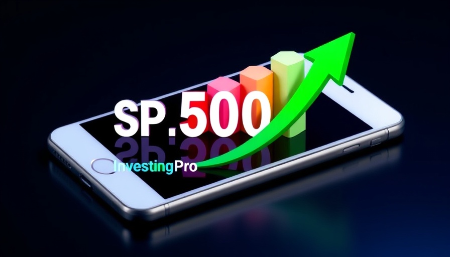 Graphic of S&P 500 bars, arrow on smartphone.