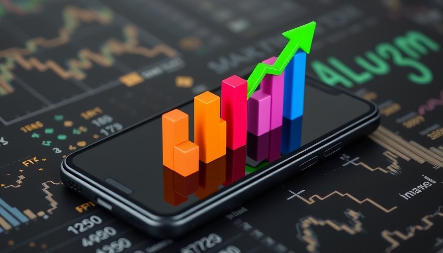 Stock market news depicted by 3D bar graph and arrow on phone.