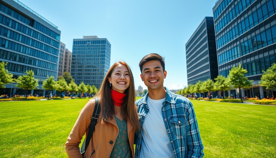 Two friends smiling in front of city amphitheater.