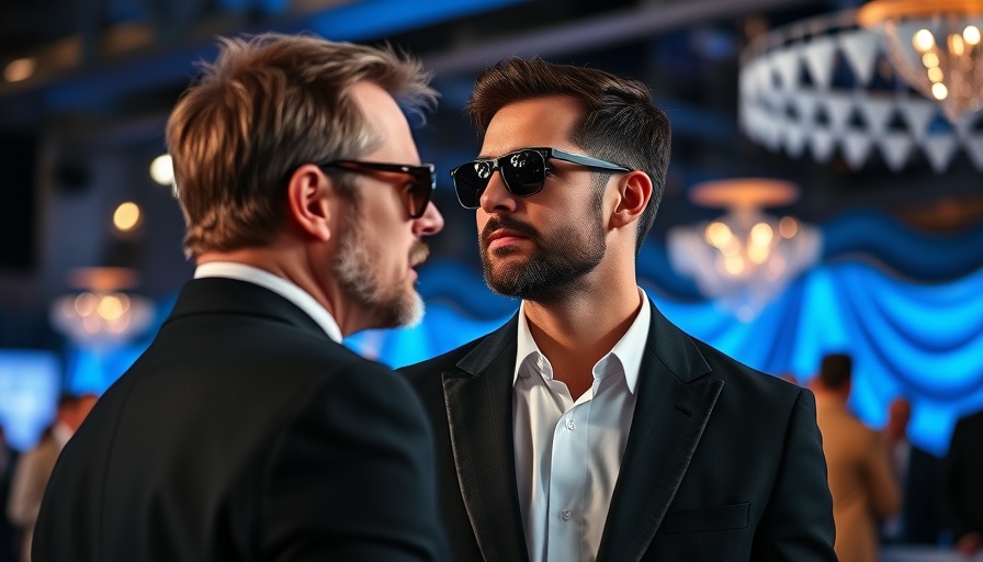 Man in black suit talking at event backdrop.
