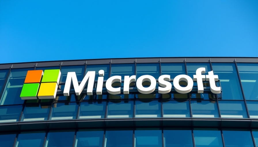 Microsoft sign on modern building facade under blue sky.