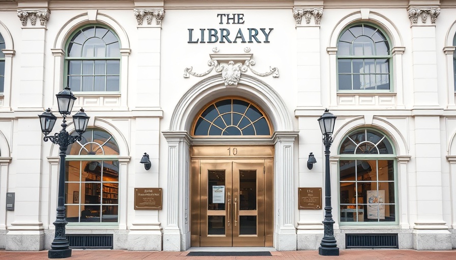 Historic library entrance with open sign, local news today.