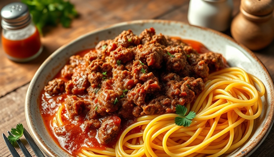 Rich ground beef pasta sauce simmering in pot on wooden table.