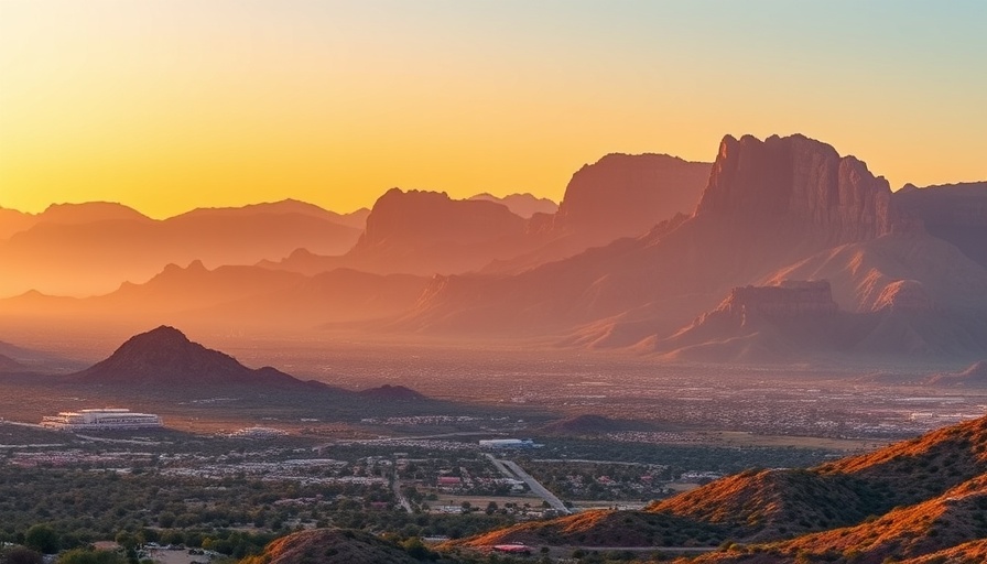 Panoramic view of Arizona landscape during sunset, highlighting mountains.
