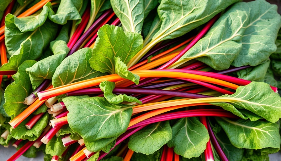 Freshly harvested Swiss chard with colorful stems.