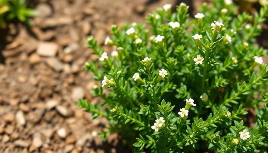 Thriving thyme plant in sunlight with white flowers.