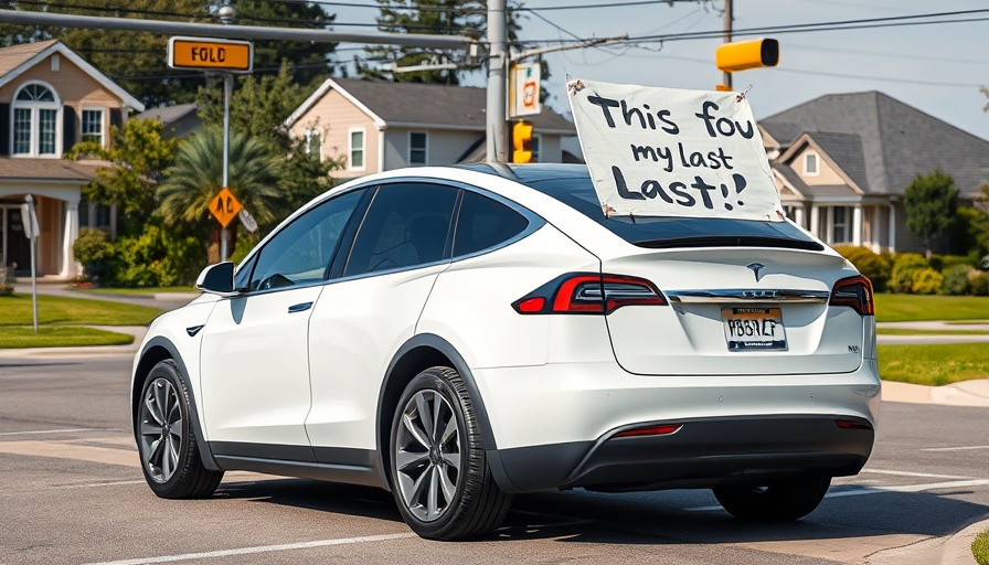 Tesla car with protest sign at street intersection discussing Tesla’s board succession planning.