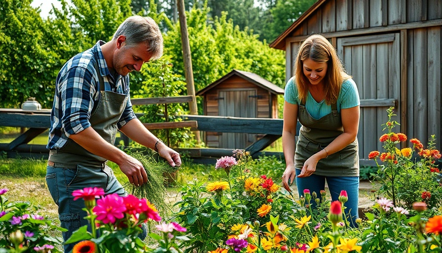 Two people planting flowers and vegetables in a rustic garden.