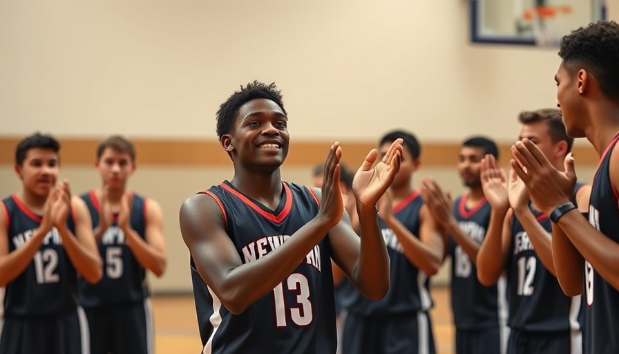 Alijah Arenas clapping with teammates in a gym, celebrating joyfully.
