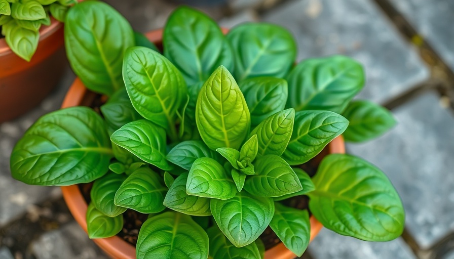 Spinach plant growing in terracotta pot for container gardening.