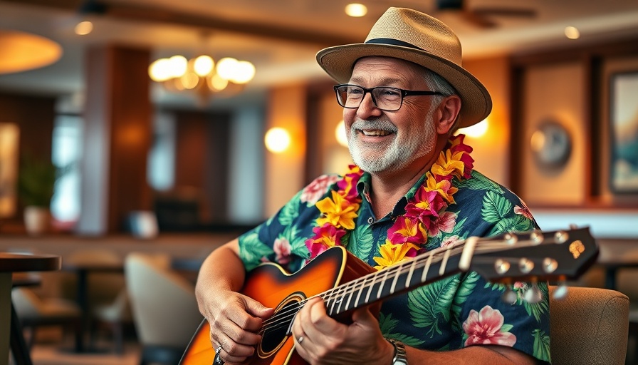 Casual musician playing guitar at a lounge, promoting live concerts.