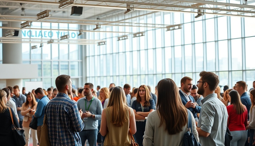 Volunteers and attendees interacting at a tech event with opportunities discussions.