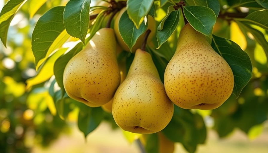Ripe cold-hardy pear varieties hanging on a lush green tree.