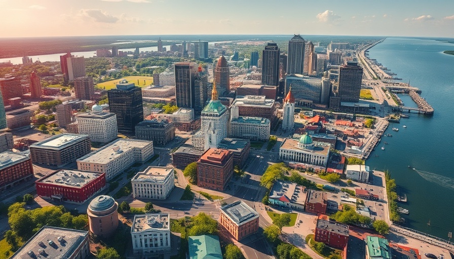 Bustling Michigan city aerial view with diverse architecture and greenery, representing affordable places to live in Michigan.