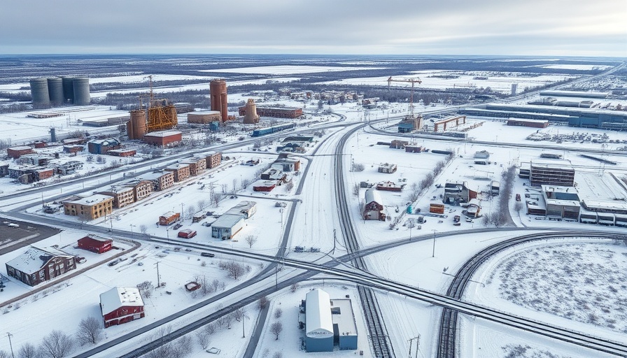 Aerial view of affordable homes in Nebraska during winter, showcasing snow-covered roofs and rail tracks.