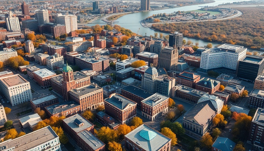 Aerial view of a city in New Jersey with autumn colors.