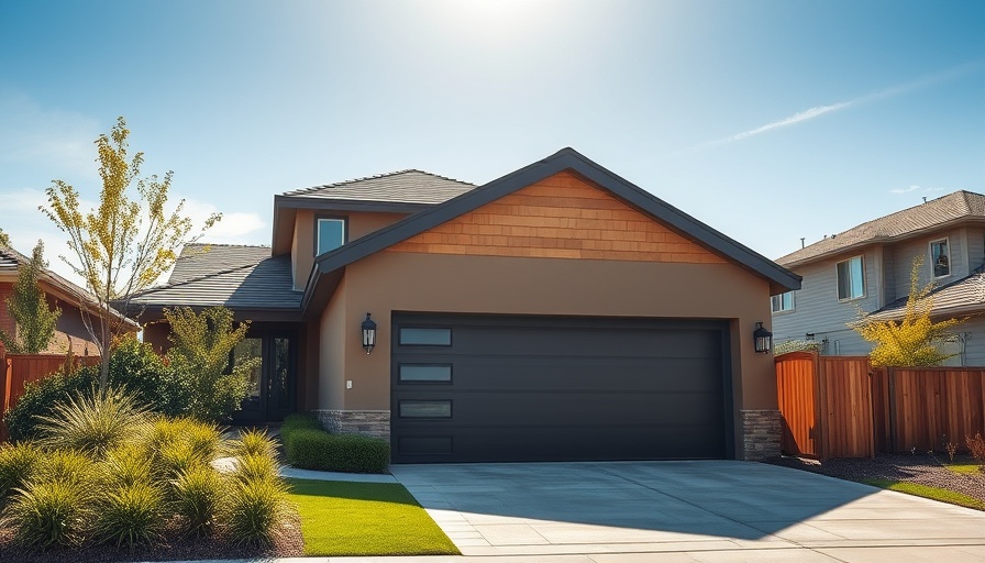 Modern house with converted garage, sunny day