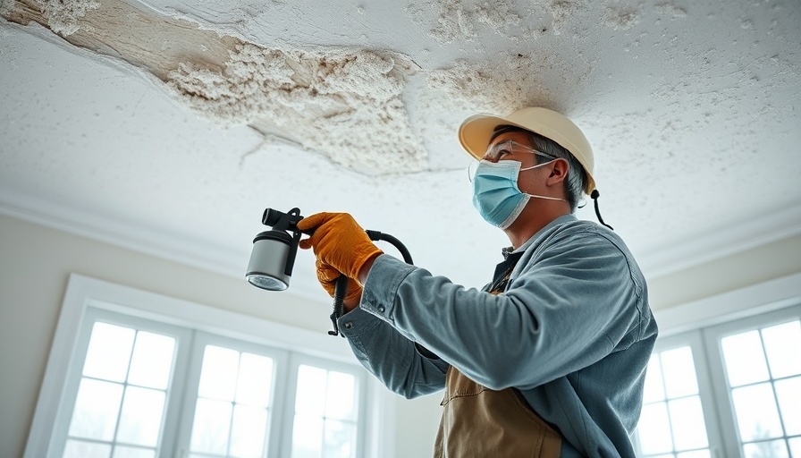 Worker removing popcorn ceilings using spray in a bright room.