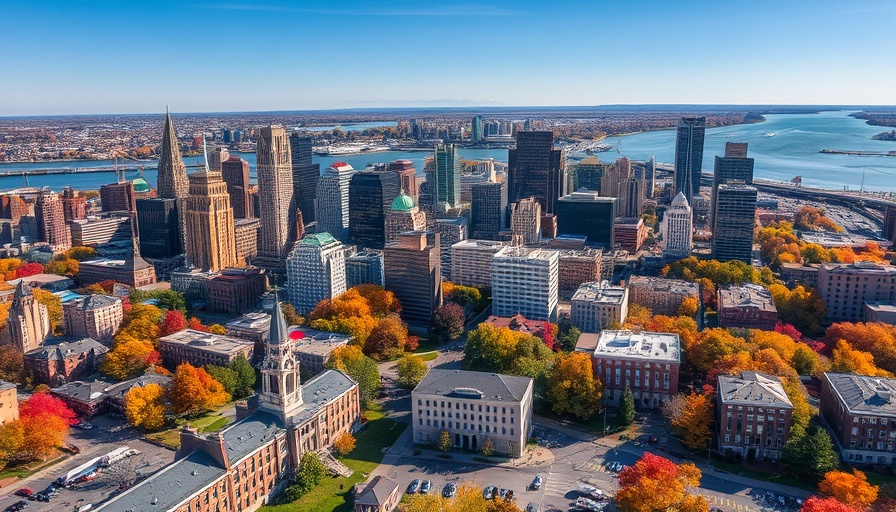 Aerial view of vibrant New Jersey cityscape in autumn with diverse buildings and river.