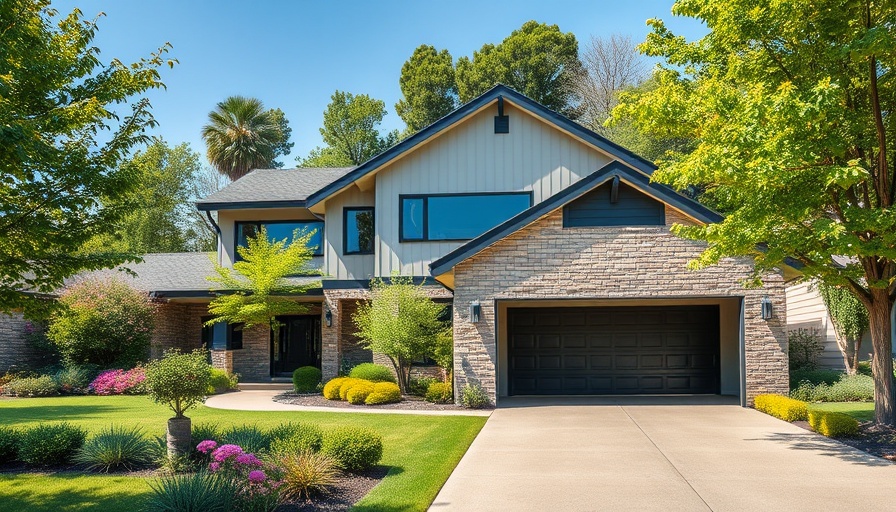 Modern house with converted garage, lush garden, sunny day.