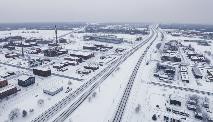 Aerial view of a snowy Nebraska town with industrial buildings.