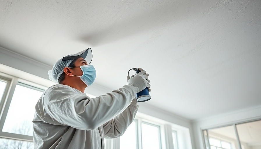 Professional removing popcorn ceiling texture in a bright room.