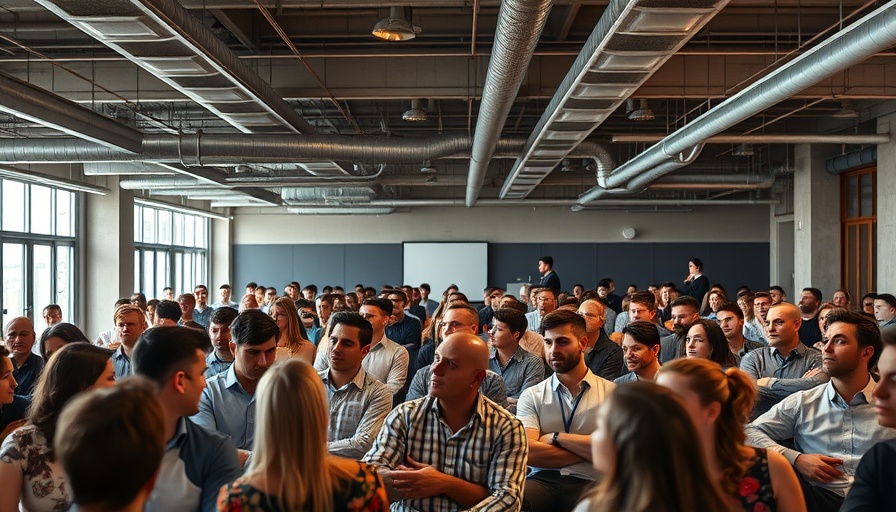 Modern conference room with large group discussing business startup challenges.