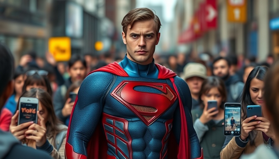 David Corenswet Superman in a crowd, photorealistic city scene.