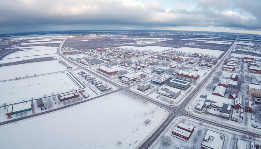 Aerial view of Nebraska town in winter, showcasing affordable places to live.