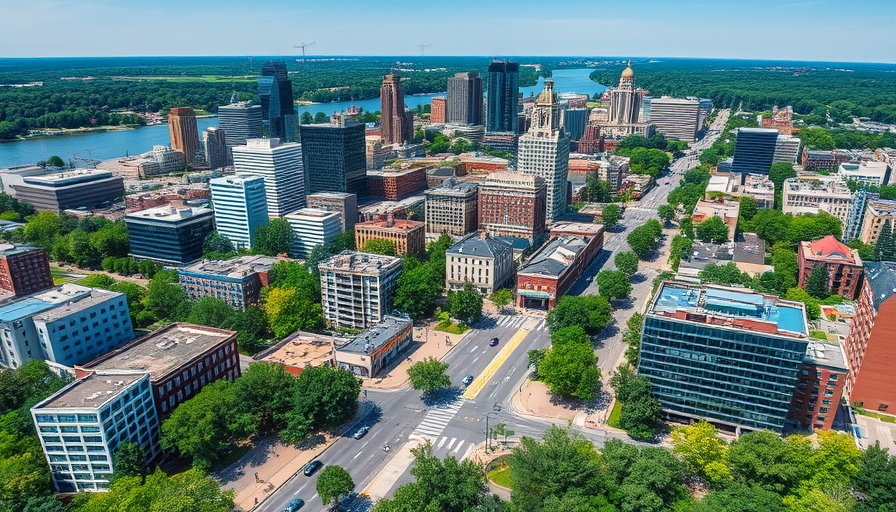 Aerial view of an affordable city area in Michigan with lush greenery.